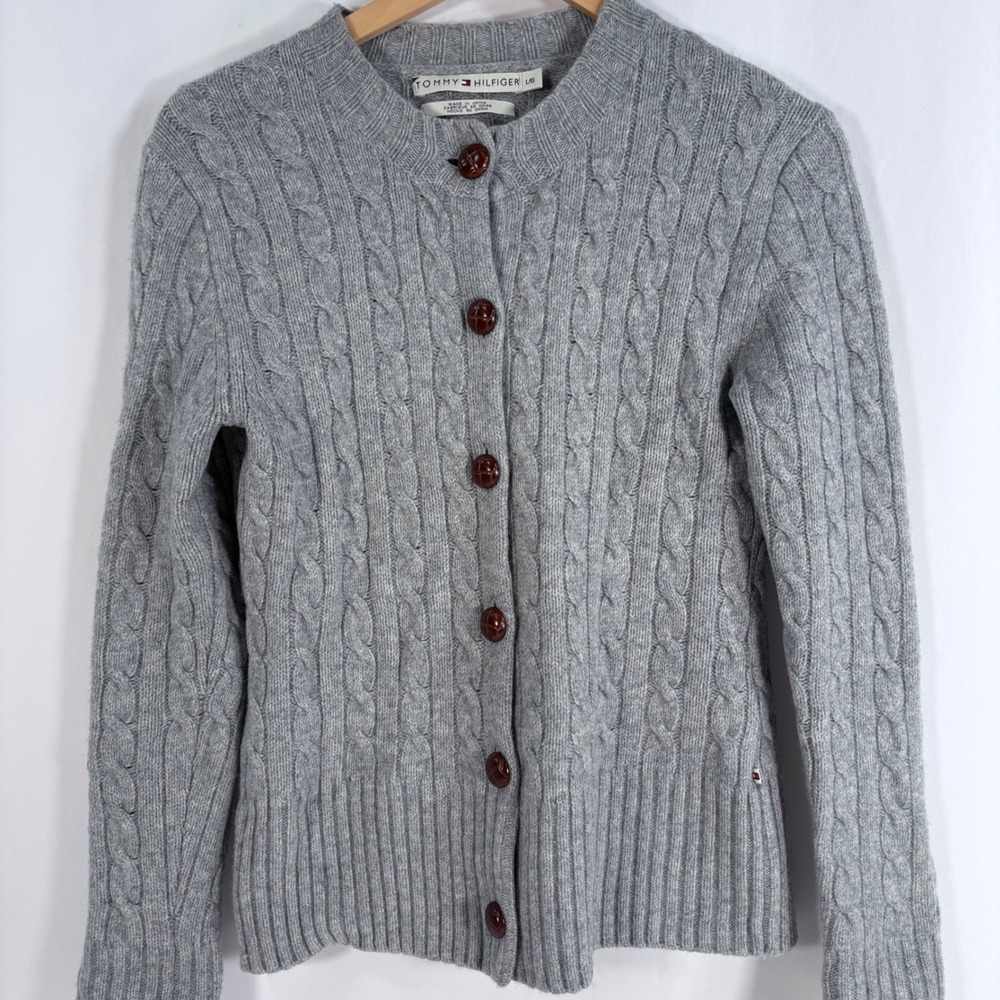Tommy Hilfiger Cardigan Gray Vintage Wool Blend Cable Knit Leather Buttons L (M)